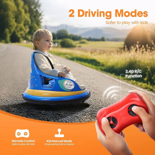 Blue 12V Electric Toddler Bumper Car for 1.5-6 Years Remote Control 2 DIY Stickers 360° Spin Lights Sounds Kids Ride on Toy