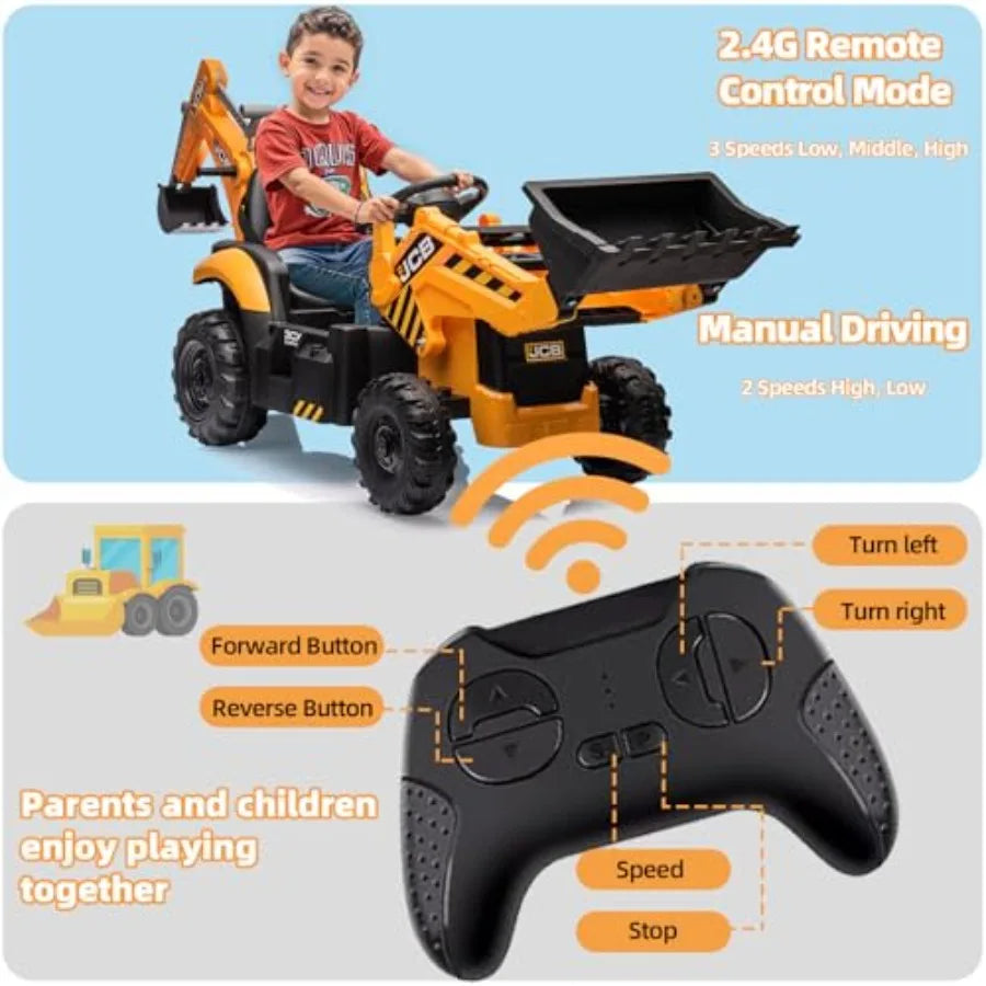 24V JCB Kids Ride on Excavator Toy, 3-In-1 Battery Powered Electric Tractor Car with Reversible Seat, Remote Control & Bluetooth, Backhoe for Kids 3-6, Yellow