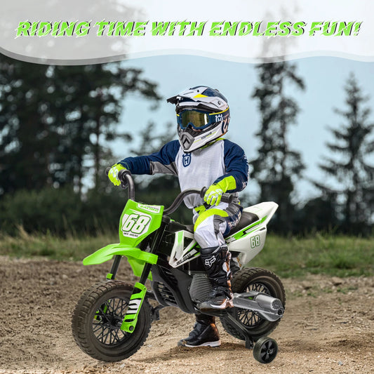 12V Kids Electric Dirt Bike with Training Wheels Twist Grip Throttle 3Mph Max Speed Music Safe Ride-On Motorcycle for Children