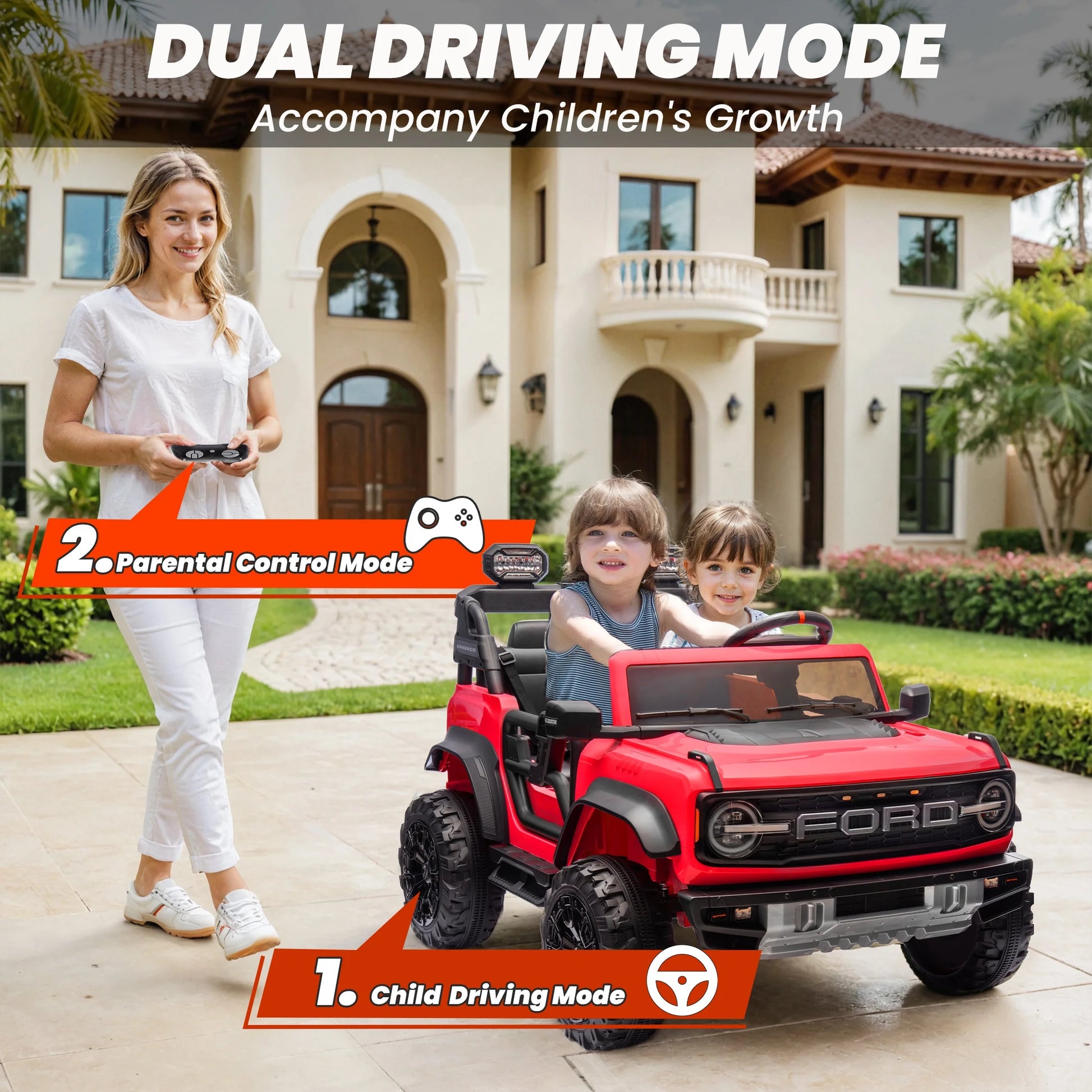 24V 2 Seater Ford Bronco Raptor Powered Ride on Car with Remote Control, 4 Wheels Suspension, Ages 3-8, Red
