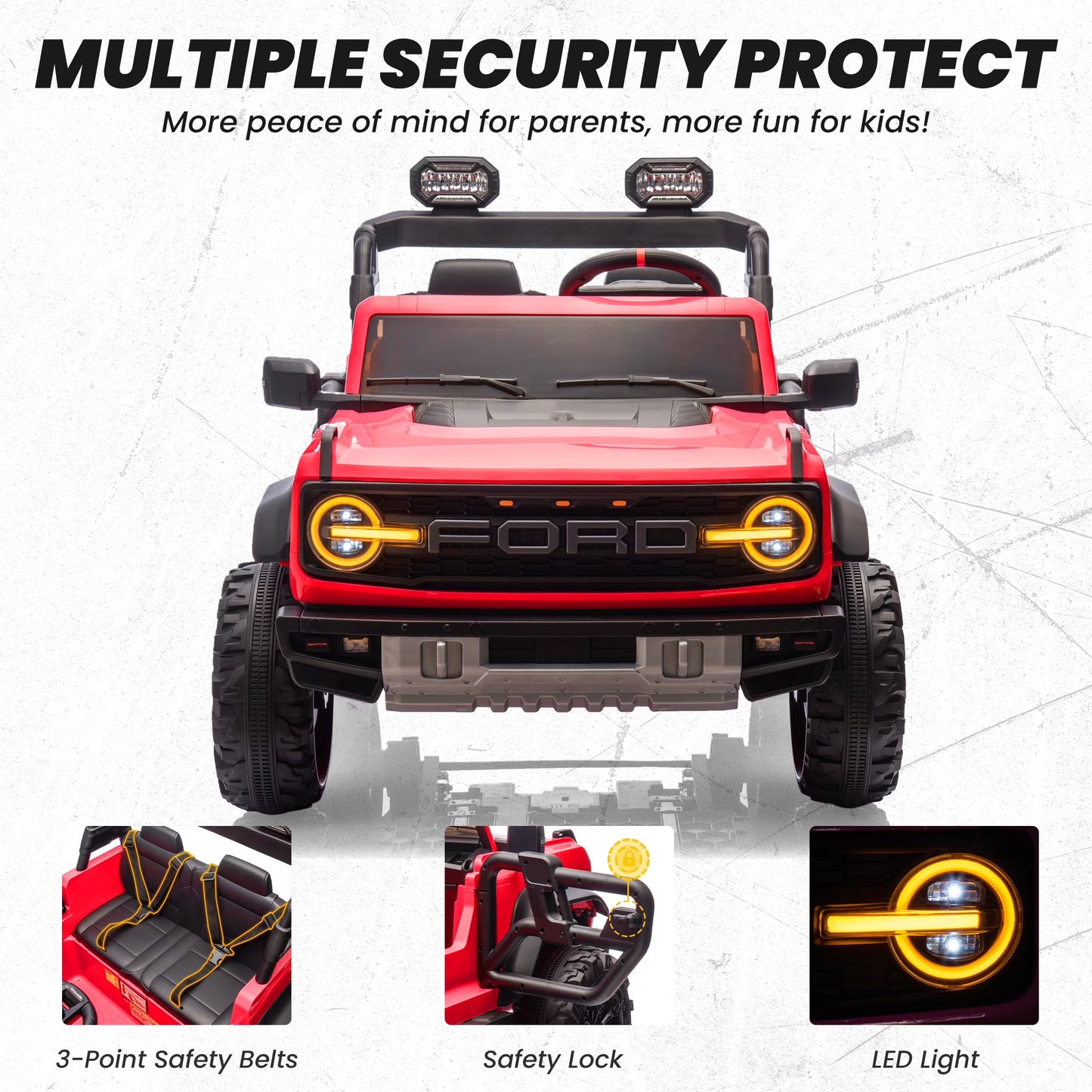 24V 2 Seater Ford Bronco Raptor Powered Ride on Car with Remote Control, 4 Wheels Suspension, Ages 3-8, Red