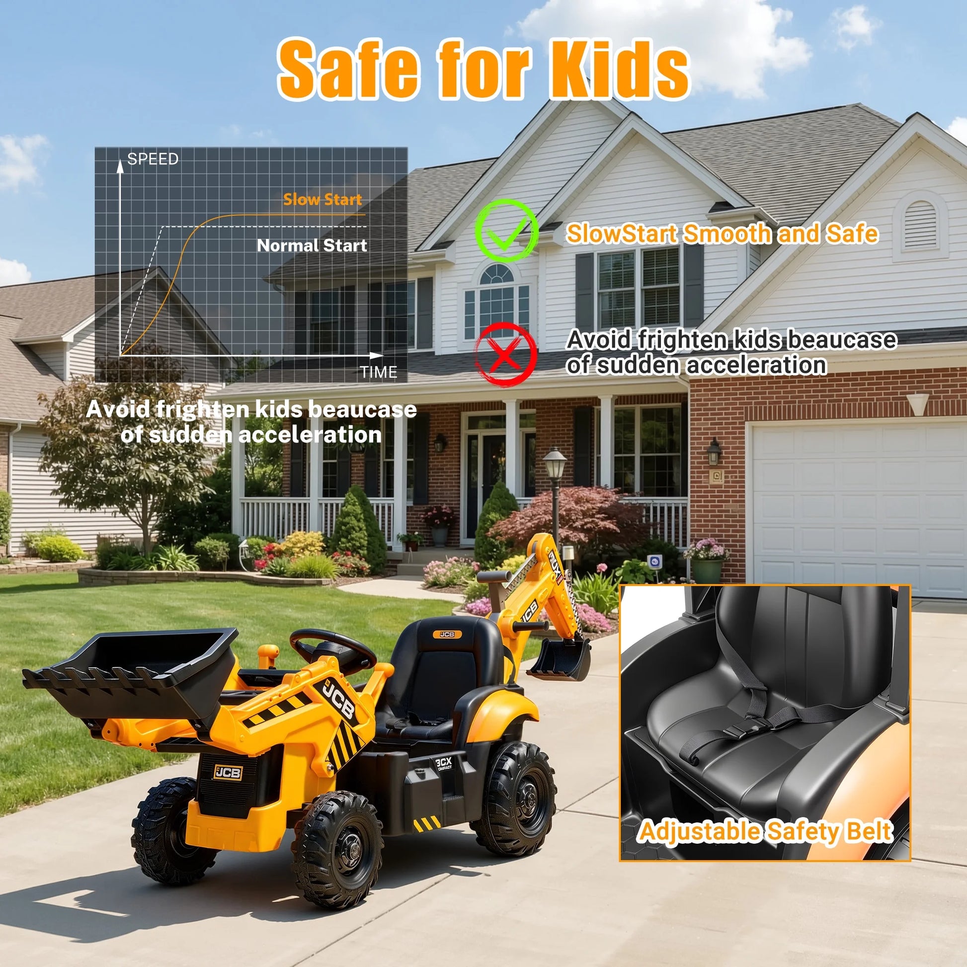 24V JCB Ride on Excavator Toy, 3-In-1 Battery Powered Electric Tractor Car with Reversible Seat, Remote Control & Bluetooth, Backhoe for Kids 3-6, Yellow