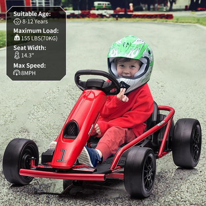 Ride on Go Kart for Teens 24V 2 X 300W Extra Powerful Motors Electric Karts with Slow Start Outdoor Ride on Toy for Kids 8-11Y