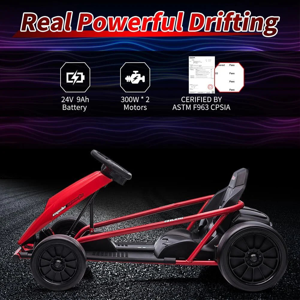 Ride on Go Kart for Teens 24V 2 X 300W Extra Powerful Motors Electric Karts with Slow Start Outdoor Ride on Toy for Kids 8-11Y
