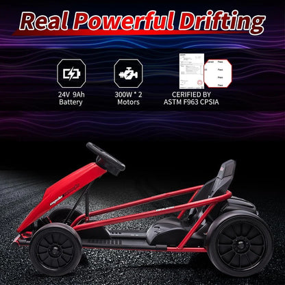 Ride on Go Kart for Teens 24V 2 X 300W Extra Powerful Motors Electric Karts with Slow Start Outdoor Ride on Toy for Kids 8-11Y