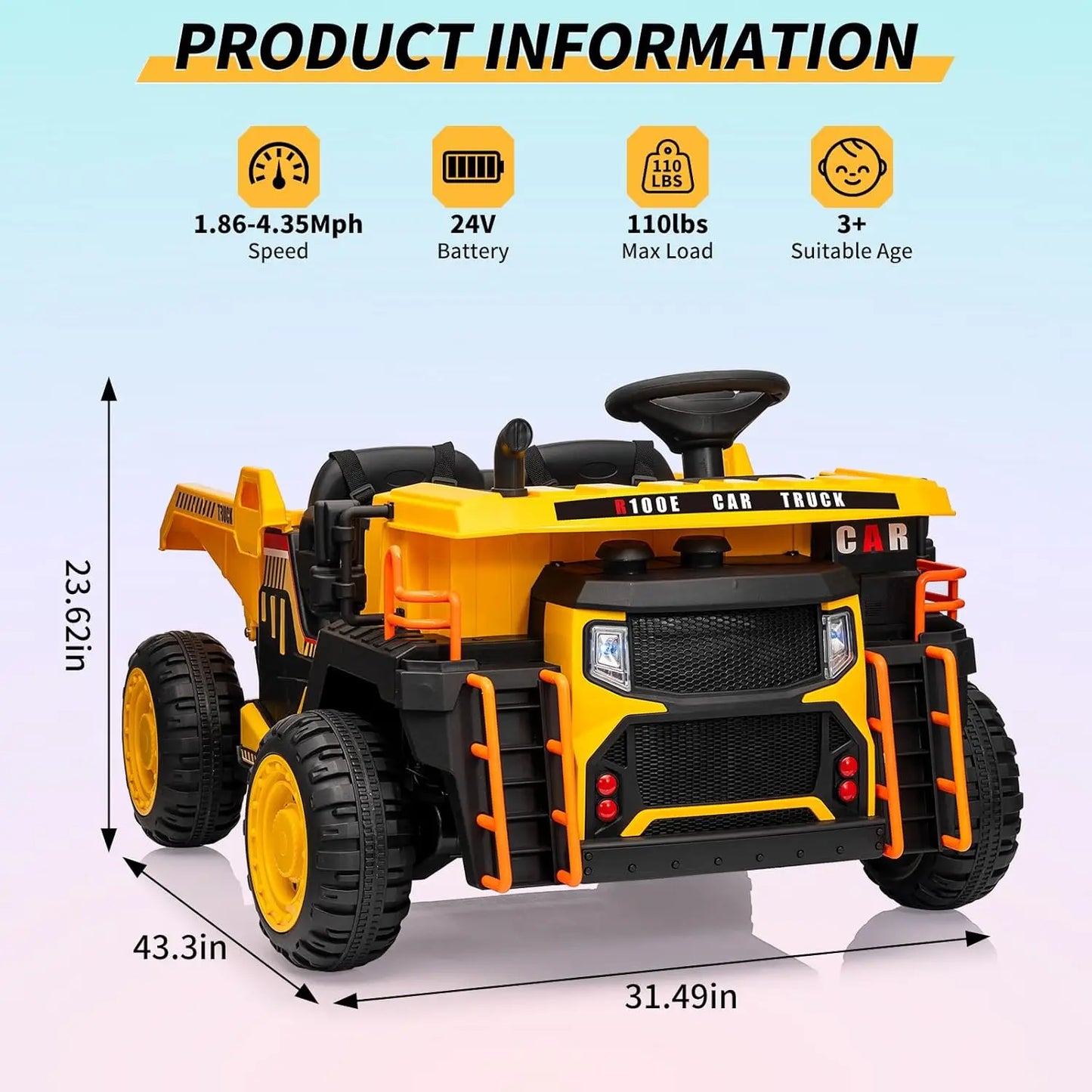 Ride on Dump Truck with Dump Bed 24V Ride on Construction Vehicle with Remote Control Extra Shovel 3 Speeds Music Safety Belt