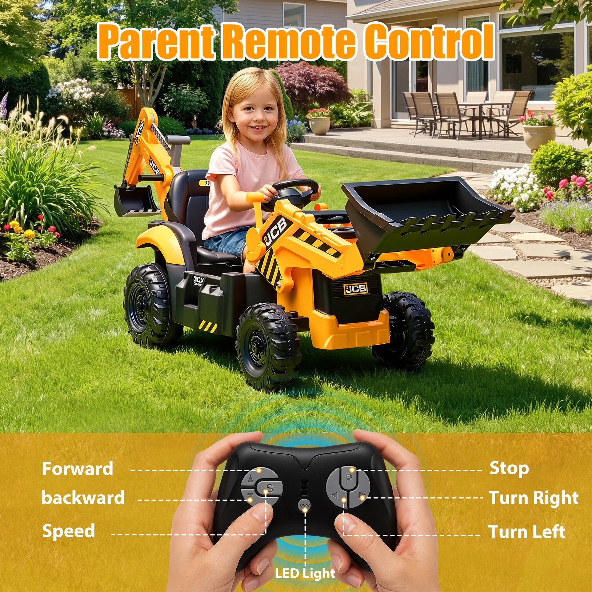 24V JCB Ride on Excavator Toy, 3-In-1 Battery Powered Electric Tractor Car with Reversible Seat, Remote Control & Bluetooth, Backhoe for Kids 3-6, Yellow