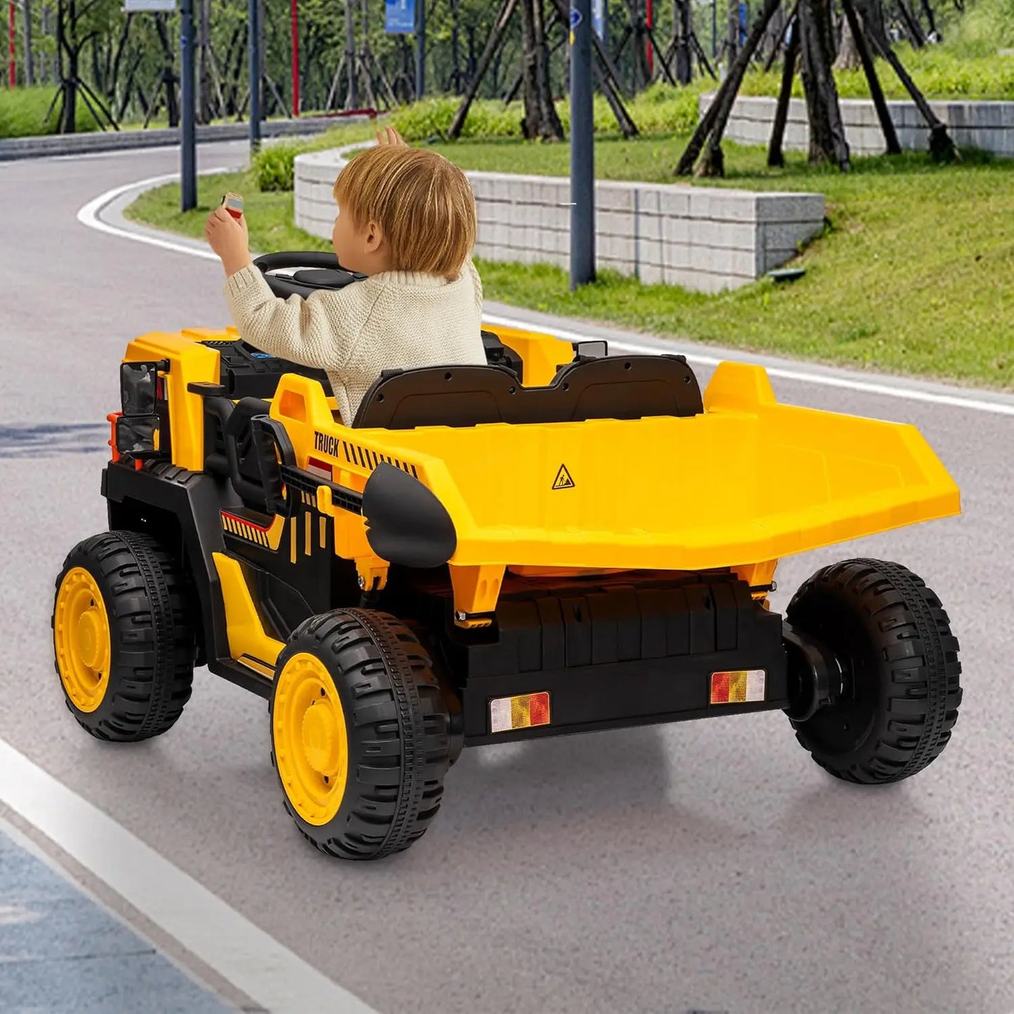 Ride on Dump Truck with Dump Bed 24V Ride on Construction Vehicle with Remote Control Extra Shovel 3 Speeds Music Safety Belt