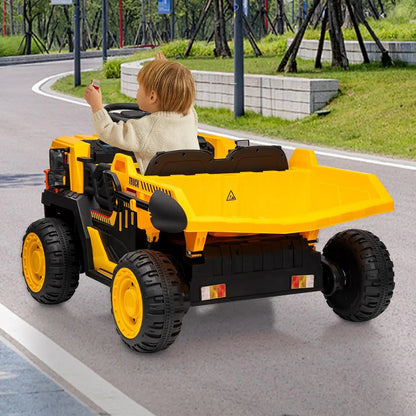 Ride on Dump Truck with Dump Bed 24V Ride on Construction Vehicle with Remote Control Extra Shovel 3 Speeds Music Safety Belt