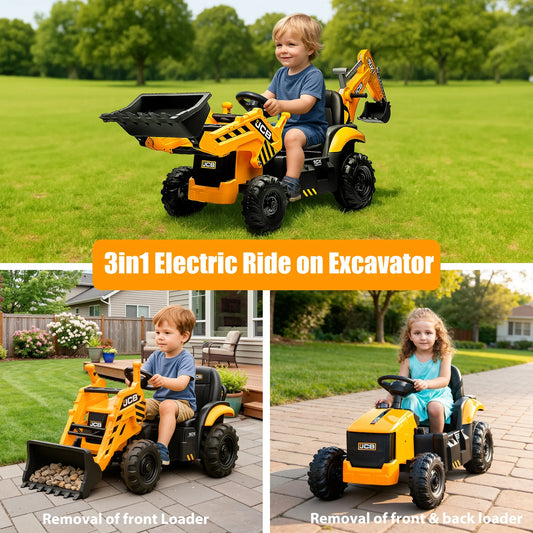 24V JCB Ride on Excavator Toy, 3-In-1 Battery Powered Electric Tractor Car with Reversible Seat, Remote Control & Bluetooth, Backhoe for Kids 3-6, Yellow