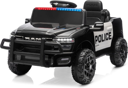 Licensed RAM 3500 Police Ride-On Truck 12V Electric Kids Car with Remote Control, Bluetooth, LED Lights & Suspension – Black