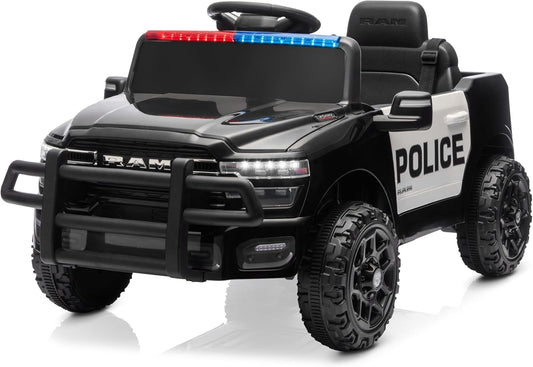 Licensed RAM 3500 Police Ride-On Truck 12V Electric Kids Car with Remote Control, Bluetooth, LED Lights & Suspension – Black
