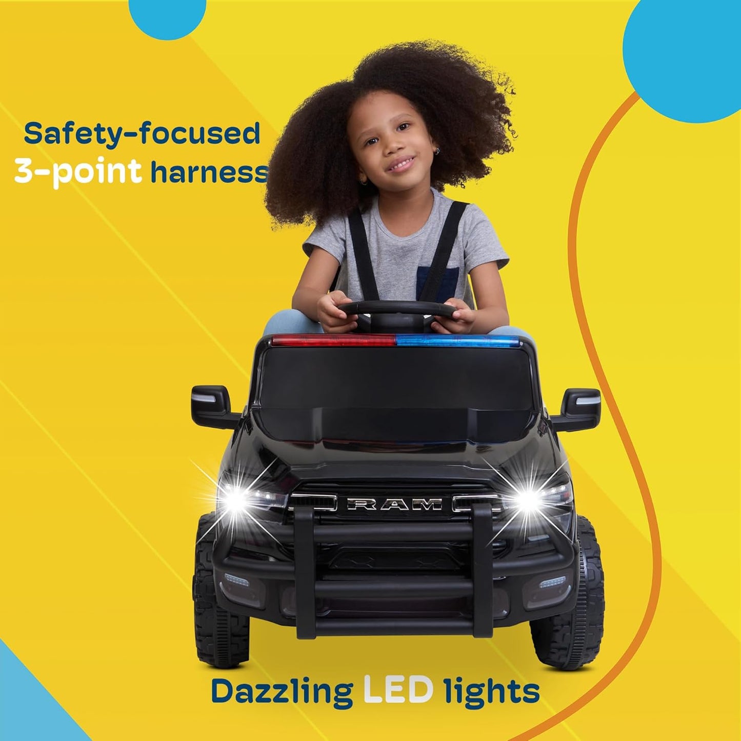 Licensed RAM 3500 Police Ride-On Truck 12V Electric Kids Car with Remote Control, Bluetooth, LED Lights & Suspension – Black