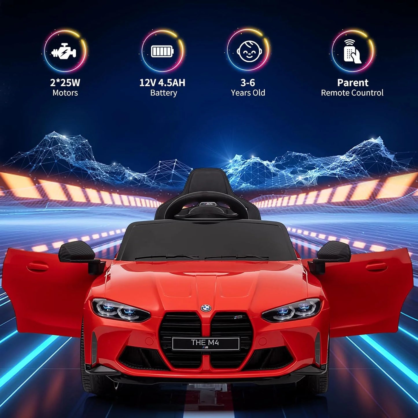 BMW M4 Kids Ride-On Car – 12V  Electric Sports Car with Remote Control, Safety Belt & LED Fun