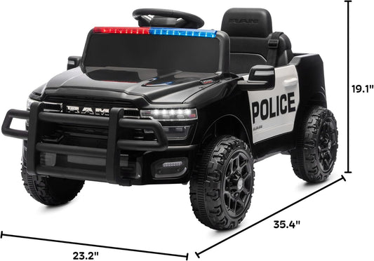 Licensed RAM 3500 Police Ride-On Truck 12V Electric Kids Car with Remote Control, Bluetooth, LED Lights & Suspension – Black