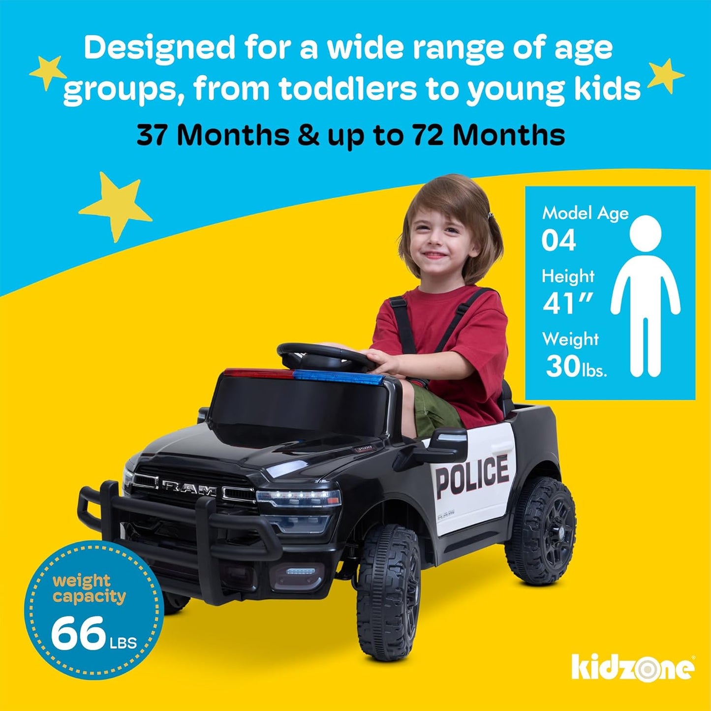 Licensed RAM 3500 Police Ride-On Truck 12V Electric Kids Car with Remote Control, Bluetooth, LED Lights & Suspension – Black