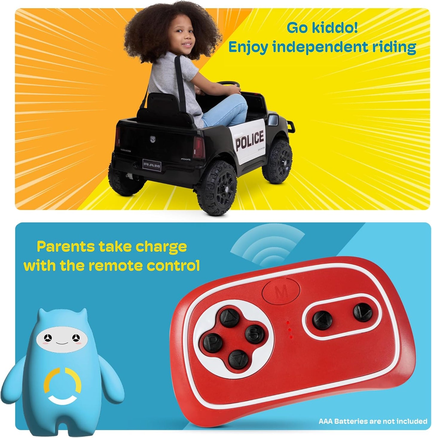 Licensed RAM 3500 Police Ride-On Truck 12V Electric Kids Car with Remote Control, Bluetooth, LED Lights & Suspension – Black