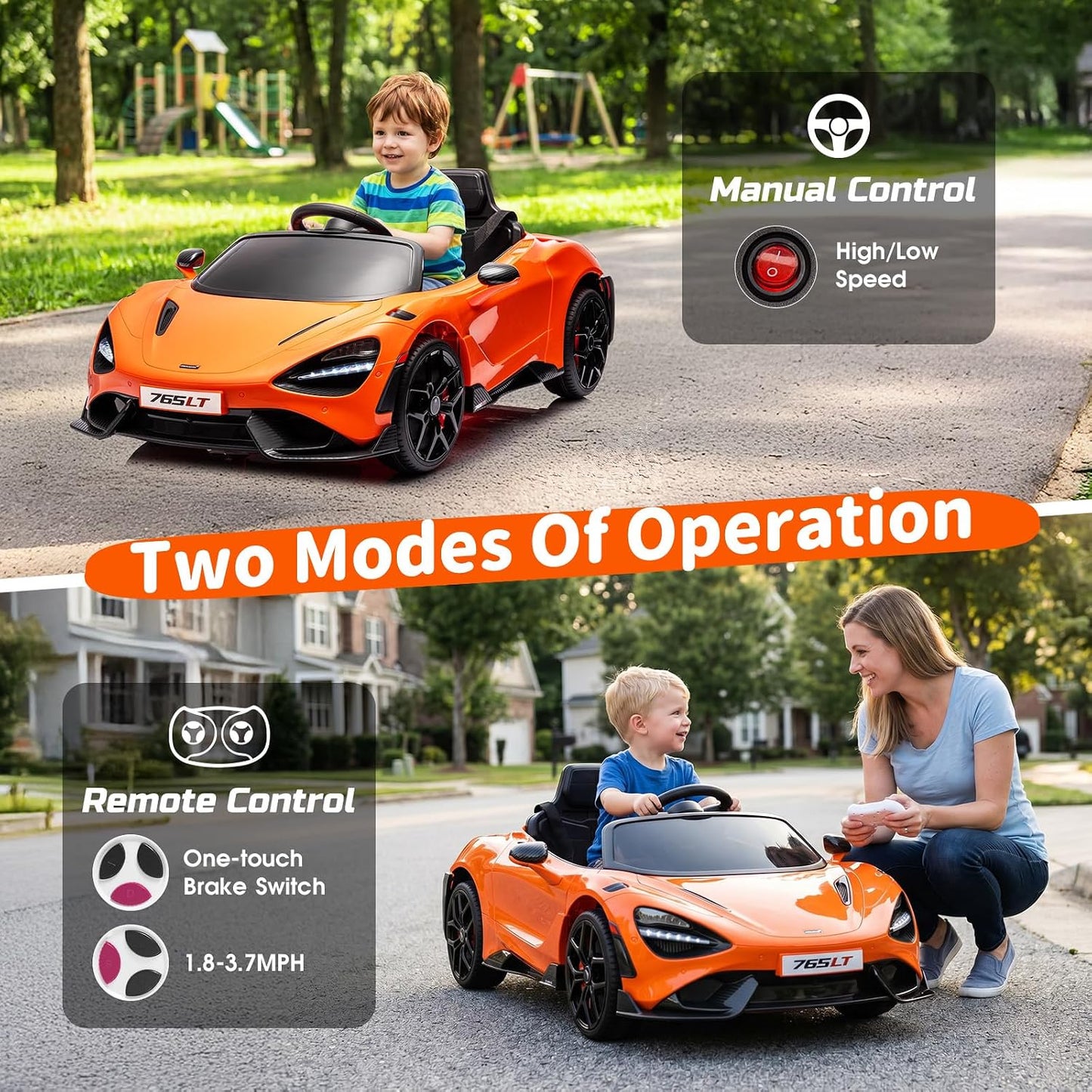 Ride-On Car Licensed Mclaren 765Lt for 3-6Years Old, Electric Car 12V with Parent Remote & Music