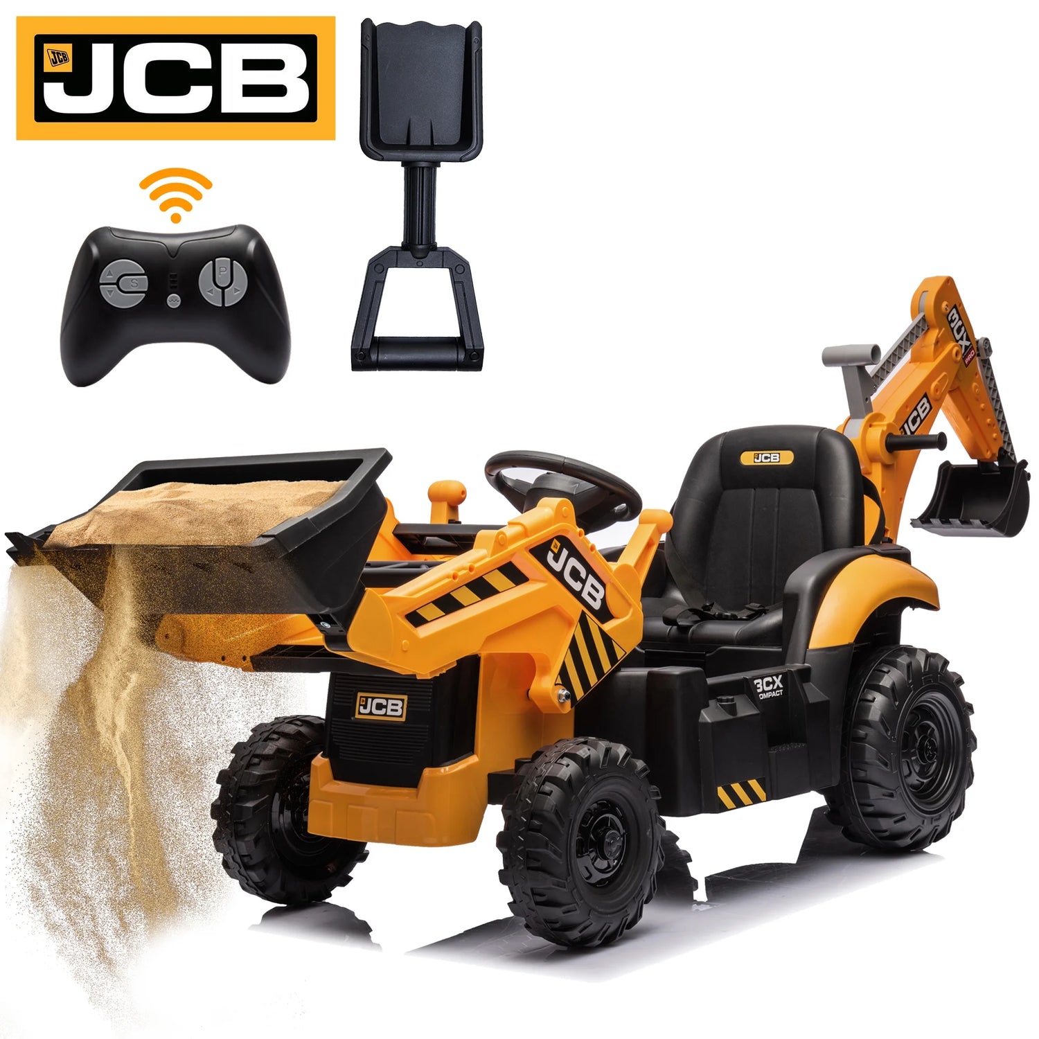 24V JCB Ride on Excavator Toy, 3-In-1 Battery Powered Electric Tractor Car with Reversible Seat, Remote Control & Bluetooth, Backhoe for Kids 3-6, Yellow