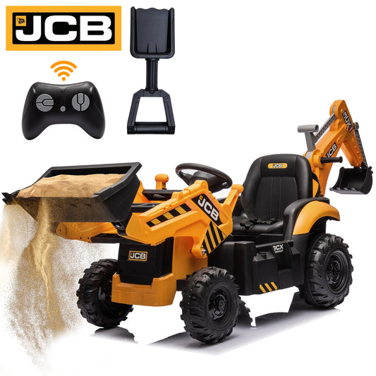 24V JCB Ride on Excavator Toy, 3-In-1 Battery Powered Electric Tractor Car with Reversible Seat, Remote Control & Bluetooth, Backhoe for Kids 3-6, Yellow