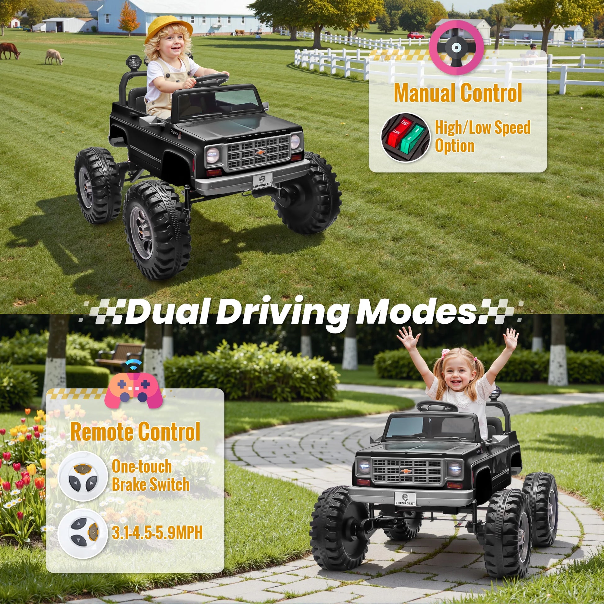 24V Ride on Car, Licensed Chevrolet Cheyenne Truck W/4X200W Motor, Remote Control, Decoration Streamer