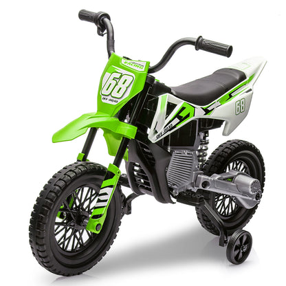 12V Kids Electric Dirt Bike with Training Wheels Twist Grip Throttle 3Mph Max Speed Music Safe Ride-On Motorcycle for Children