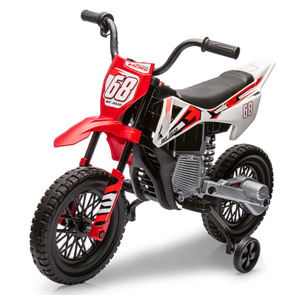 12V Kids Electric Dirt Bike with Training Wheels Twist Grip Throttle 3Mph Max Speed Music Safe Ride-On Motorcycle for Children