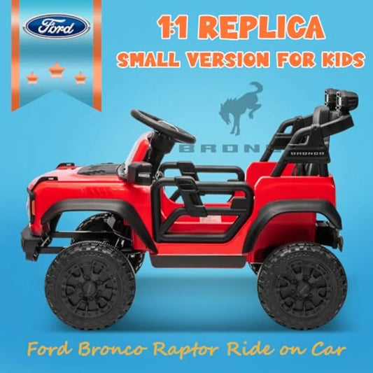 12V Kids Ride on Car Licensed Bronco Raptor, Toddler Electric Car with Remote Control, Battery Powered Ride on Toy Truck W/Led Lights, Music Player, Horn, Seat Belt, Soft Start (Red)