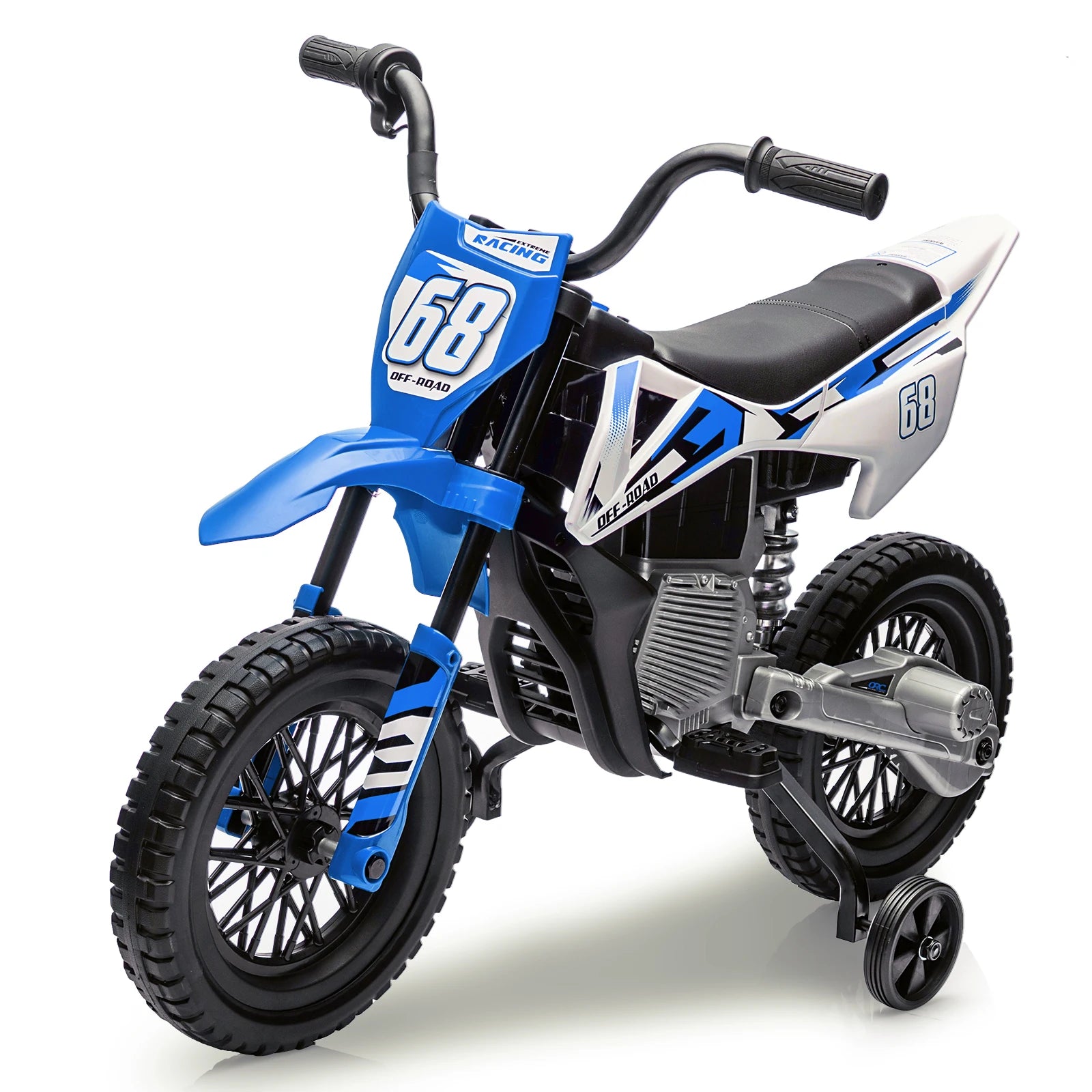 12V Kids Electric Dirt Bike with Training Wheels Twist Grip Throttle 3Mph Max Speed Music Safe Ride-On Motorcycle for Children