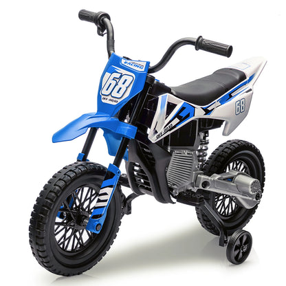 12V Kids Electric Dirt Bike with Training Wheels Twist Grip Throttle 3Mph Max Speed Music Safe Ride-On Motorcycle for Children