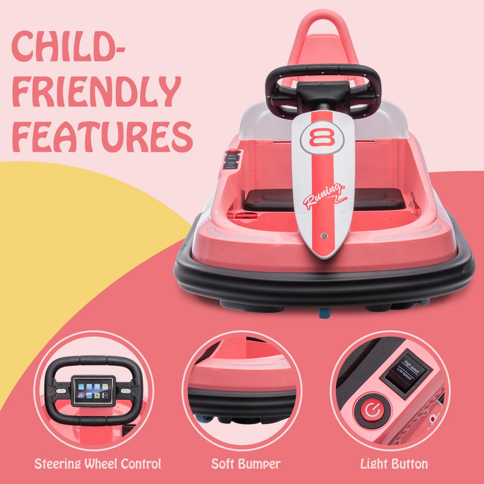 Bumper Car for Toddlers 6V Electric Ride on Toys for Kids 1.9 MPH Max Speed Steering Wheel 360 Degree Spin 2-Speeds Lights Music