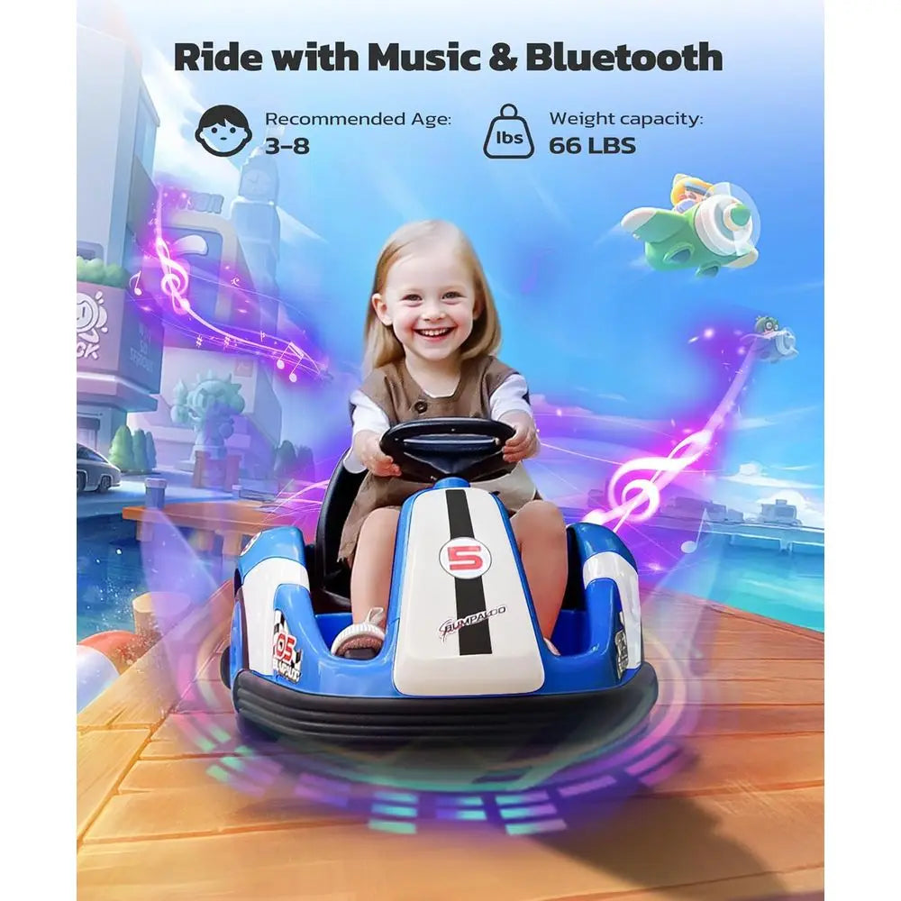 Children'S Electric Bumper Cars with Remote Control, 2.2 MPH, 12V, 360-Degree Spin, Bluetooth, Music, LED Lights, Navy Blue