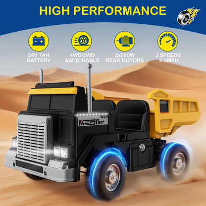 24V Ride on Dump Truck for Big Kids, 4WD/2WD, Remote, Dump Bed, LED, Bluetooth, Suspension, Perfect Christmas Gift