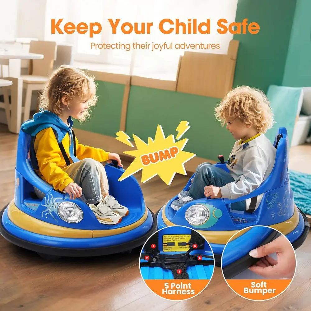 Blue 12V Electric Toddler Bumper Car for 1.5-6 Years Remote Control 2 DIY Stickers 360° Spin Lights Sounds Kids Ride on Toy