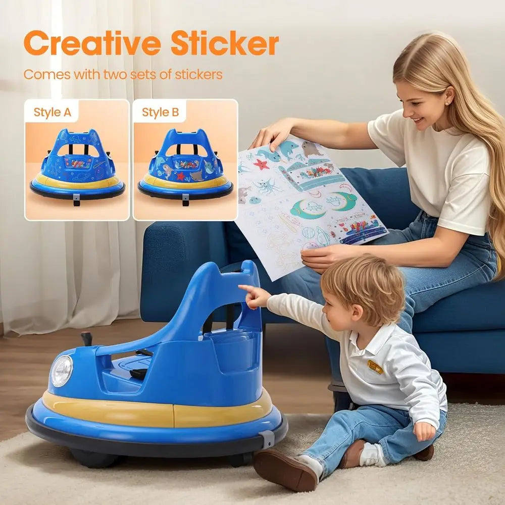 Blue 12V Electric Toddler Bumper Car for 1.5-6 Years Remote Control 2 DIY Stickers 360° Spin Lights Sounds Kids Ride on Toy