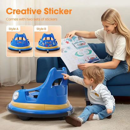 Blue 12V Electric Toddler Bumper Car for 1.5-6 Years Remote Control 2 DIY Stickers 360° Spin Lights Sounds Kids Ride on Toy