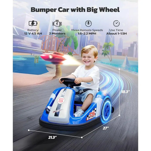 Children'S Electric Bumper Cars with Remote Control, 2.2 MPH, 12V, 360-Degree Spin, Bluetooth, Music, LED Lights, Navy Blue