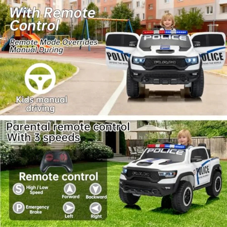 4WD 24V 4X4 Ride on 2 Seater Police Truck, Remote Control Ride on Toy Car,'Electric Ride on Truck,'Side by Side Truck for Ages