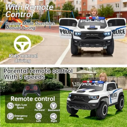 4WD 24V 4X4 Ride on 2 Seater Police Truck, Remote Control Ride on Toy Car,'Electric Ride on Truck,'Side by Side Truck for Ages