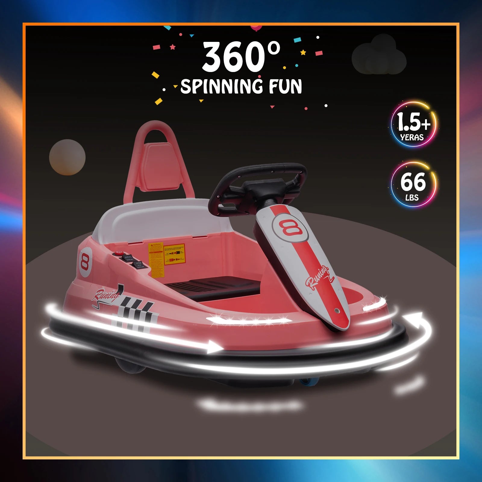 Bumper Car for Toddlers 6V Electric Ride on Toys for Kids 1.9 MPH Max Speed Steering Wheel 360 Degree Spin 2-Speeds Lights Music