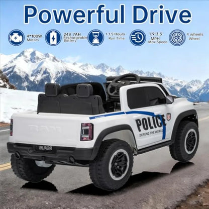 4WD 24V 4X4 Ride on 2 Seater Police Truck, Remote Control Ride on Toy Car,'Electric Ride on Truck,'Side by Side Truck for Ages