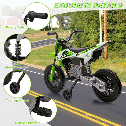 12V Kids Electric Dirt Bike with Training Wheels Twist Grip Throttle 3Mph Max Speed Music Safe Ride-On Motorcycle for Children