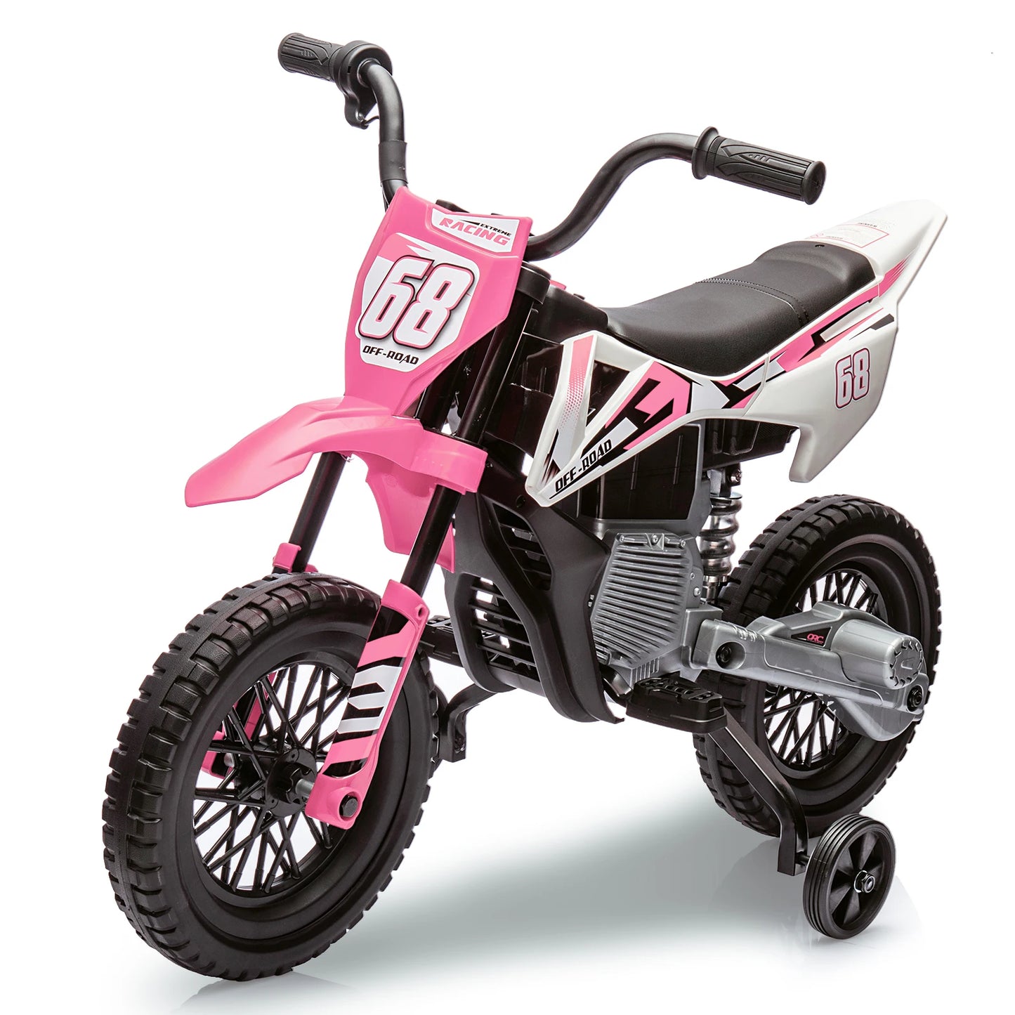 12V Kids Electric Dirt Bike with Training Wheels Twist Grip Throttle 3Mph Max Speed Music Safe Ride-On Motorcycle for Children
