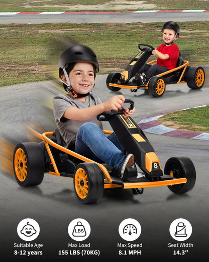 24V 9Ah Kids Ride on Go Kart Toy,High Speed 8.1MPH Drifting Car with 2X300W Motors Full Metal Frame,Music,For Kids 86-12 Years
