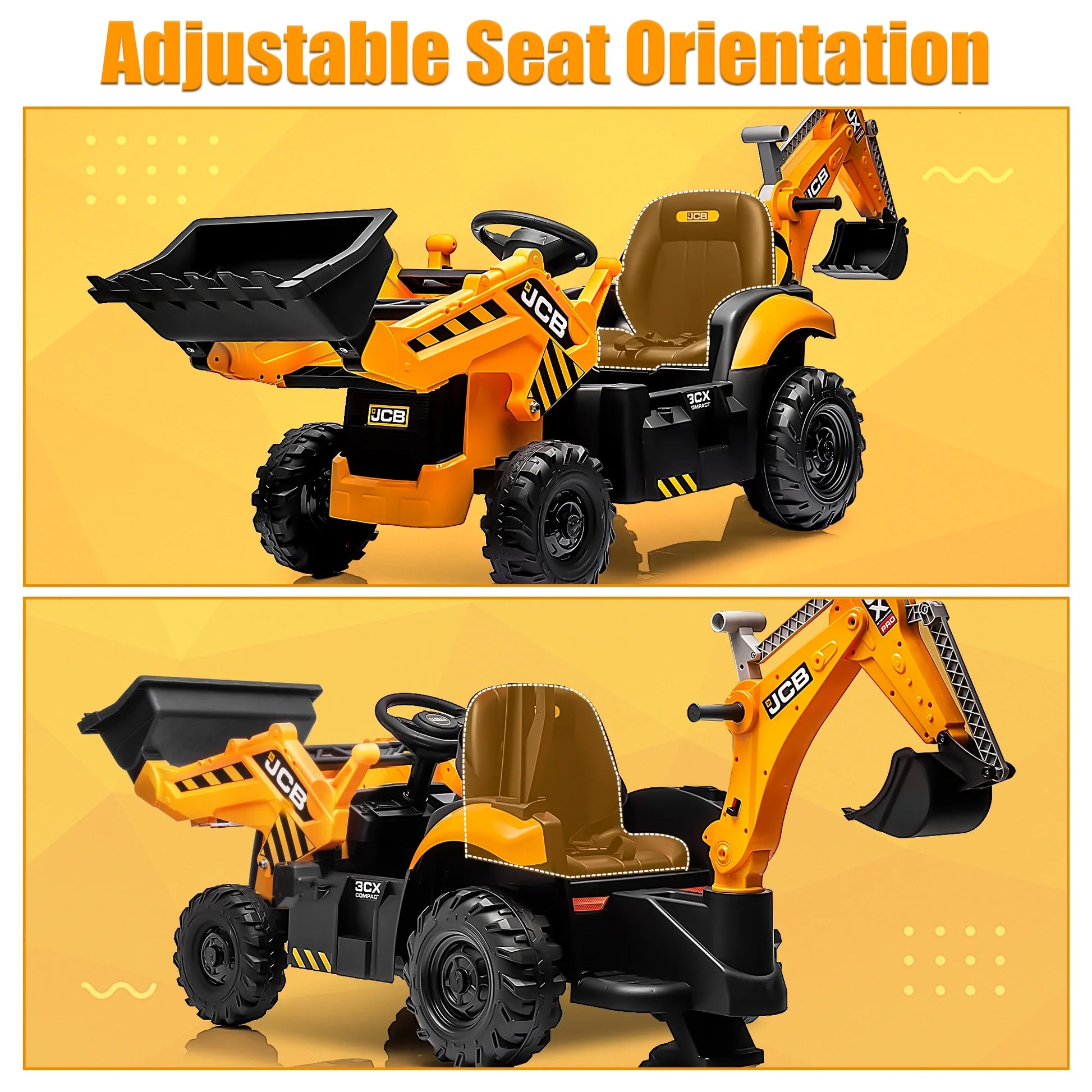 24V JCB Ride on Excavator Toy, 3-In-1 Battery Powered Electric Tractor Car with Reversible Seat, Remote Control & Bluetooth, Backhoe for Kids 3-6, Yellow