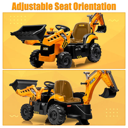 24V JCB Ride on Excavator Toy, 3-In-1 Battery Powered Electric Tractor Car with Reversible Seat, Remote Control & Bluetooth, Backhoe for Kids 3-6, Yellow