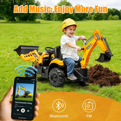 24V JCB Ride on Excavator Toy, 3-In-1 Battery Powered Electric Tractor Car with Reversible Seat, Remote Control & Bluetooth, Backhoe for Kids 3-6, Yellow