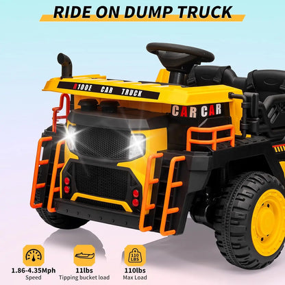 Ride on Dump Truck with Dump Bed 24V Ride on Construction Vehicle with Remote Control Extra Shovel 3 Speeds Music Safety Belt
