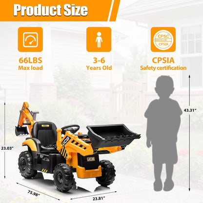 24V JCB Ride on Excavator Toy, 3-In-1 Battery Powered Electric Tractor Car with Reversible Seat, Remote Control & Bluetooth, Backhoe for Kids 3-6, Yellow