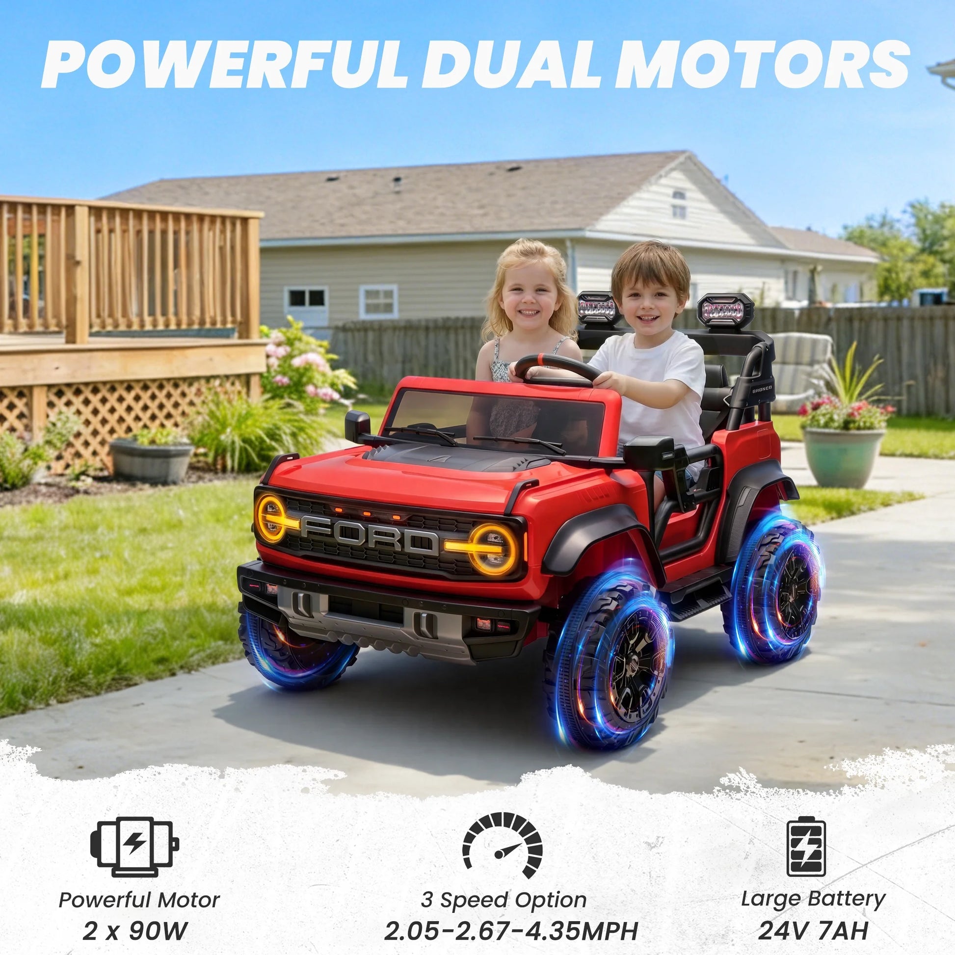 24V 2 Seater Ford Bronco Raptor Powered Ride on Car with Remote Control, 4 Wheels Suspension, Ages 3-8, Red